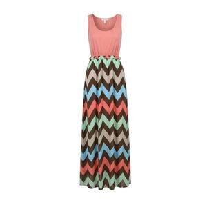 Chevron Print Sleeveless Maxi Dress Pink Brown Blue Size 3 4 Stretch Knit